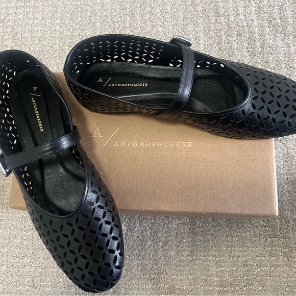 Anthropologie Black Laser-Cut Mary Jane Flats with Buckle - Picture 3 of 6